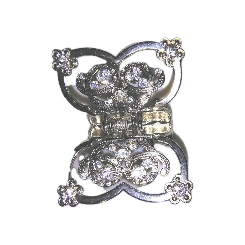 Vintage Silver Butterfly Claw Clip Set Rhinestone Crystal Metal Hair Jaw Clamps